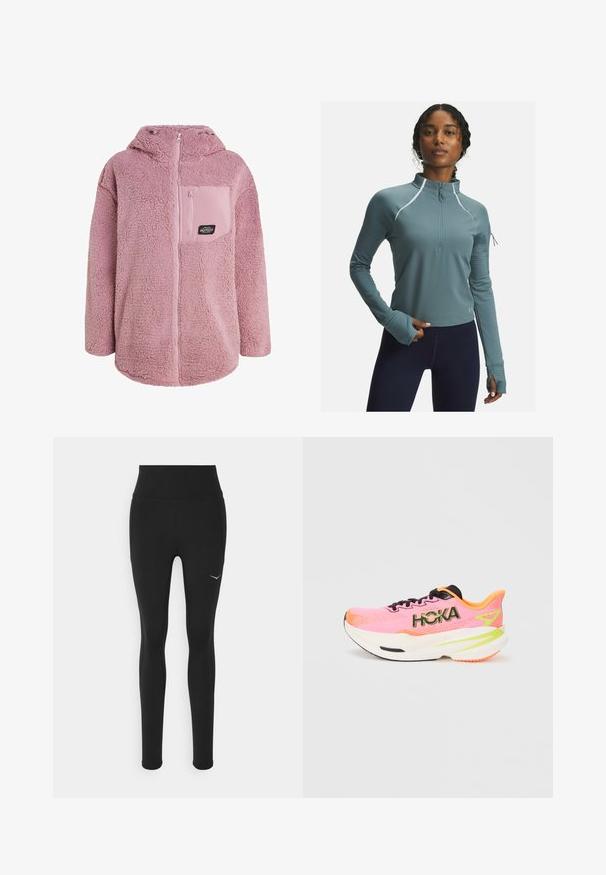Chaqueta de forro polar rosa con una textura suave, capucha y un bolsillo en el pecho con cremallera que presenta un logo. Corte relajado y diseño de dobladillo curvado.; Pullover atlético en color verde azulado con media cremallera, cuello y mangas largas. Los puños de las mangas texturizados y los acentos reflectantes mejoran la visibilidad y el estilo.; Leggings negros con cintura alta, fabricados en material elástico. Presentan un pequeño logo blanco en el lado izquierdo y detalles en la costura lateral.; Zapatilla de running rosa con parte superior de malla, cordones negros y logo "HOKA" prominente. Cuenta con una suela blanca acolchada con acentos en naranja y verde.
