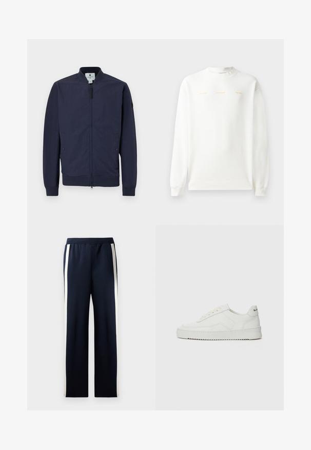 Chaqueta bomber en color azul marino con cierre de cremallera, puños y dobladillo acanalados, y dos bolsillos laterales. Fabricada con un material suave y ligero.; Sudadera blanca con cuello redondo, mangas largas y puños de canalé. Presenta un texto impreso en dorado en el pecho: "HZW (25-26) HOLZWEILER THE SUN."; Pantalones de chándal de color navy con un diseño de pierna ancha, que presentan rayas verticales en color crema a lo largo de los costados. Están hechos de una tela suave y texturizada con una cintura elástica.; Zapatilla de cuero blanca con un acabado suave, puntera redonda, cordones planos y suela texturizada. Cuenta con un sutil logo en el talón.