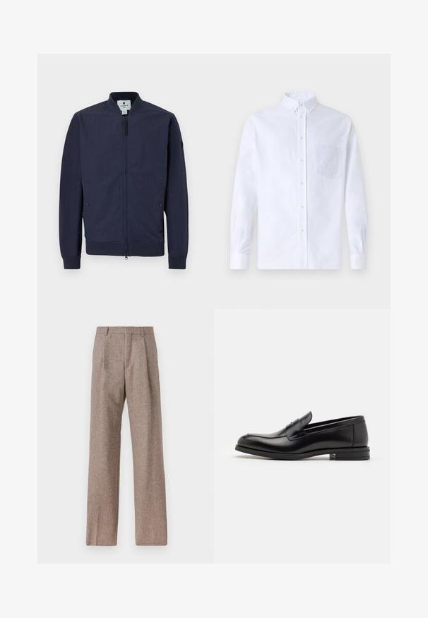 Marine bomberjakke med lynlås, ribbede manchetter og kant samt to sidelommer. Fremstillet af glat, let materiale.; Hvid langærmet skjorte med knapper lavet af bomuld, med en brystlomme med tonal broderi, krave og knapmanchetter.; Brune, højtaljede bukser lavet af tekstureret stof. Har brede ben og to frontfoldninger for struktur. Pæn finish uden synlig hardware.; Sorte læderloafers med en glat overflade, rund tå og en dekorativ strop over vampen. Lav hæl med stabeldesign, minimalistisk stil.