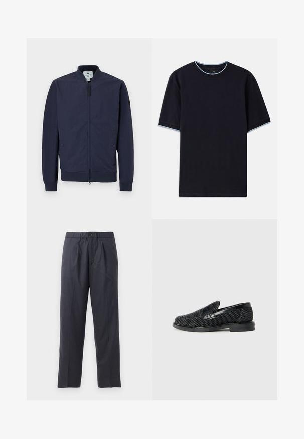 Veste bombardier navy avec fermeture éclair, poignets et ourlet côtelés, et deux poches latérales. Fabriquée en matériau lisse et léger.; T-shirt à manches courtes bleu foncé avec un col rond, présentant un accent bleu clair au niveau du col et des manches. Fabriqué en tissu en coton doux.; Pantalons bleu marine foncé en tissu doux avec un design front à plis et une taille élastique. Comprend une fermeture à bouton et une coupe droite.; Chaussure slip-on tissée noire avec un accent en cuir lisse sur le dessus, un design à bout rond et une semelle en caoutchouc à profil bas.