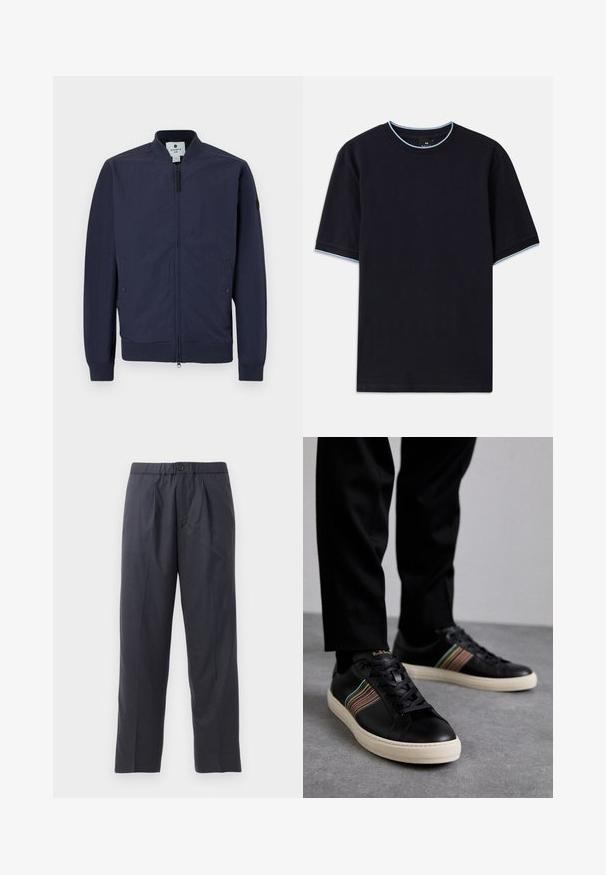 Marine bomberjakke med lynlås, ribbede manchetter og kant samt to sidelommer. Fremstillet af glat, let materiale.; Mørkeblå kortærmet t-shirt med rund halsudskæring, udstyret med lys blå accent ved kraven og ærmerne. Lavet af blødt bomuldsstof.; Mørkeblå bukser lavet af blødt stof med plisseret frontdesign og elastisk talje. Funktioner en knappelukning og lige ben.; Sorte lædersneakers med flerfarvede stribede accenter, rund tå og hvide gummisåler, med snørebånd og prægede branding.