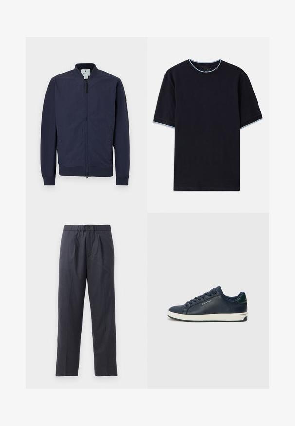 Marineblauer Bomberjacke mit Reißverschluss, gerippten Bündchen und Saum sowie zwei Seitentaschen. Hergestellt aus glattem, leichtem Material.; Dunkelblaues kurzärmeliges T-Shirt mit Rundhalsauschnitt, das an Kragen und Ärmeln mit hellblauen Akzenten versehen ist. Hergestellt aus weichem Baumwollstoff.; Dunkelblaue Hose aus weichem Stoff mit gef alteter Vorderseite und elastischem Bund. Verfügt über einen Knopfverschluss und gerades Bein.; Marineblaue Ledersneaker mit weißer Gummisohle, abgerundetem Zehenbereich und flachen Schnürsenkeln. Enthält einen grünen Akzent an der Ferse und ein dezentes Markenlogo an der Seite.
