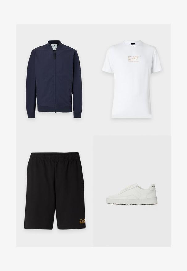 Mornarska bomberska jakna z zadrgo, rebrastimi manšetami in robom ter dvema stranskima žepoma. Narejena iz gladkega, lahkega materiala.; Bela bombažna majica s krožnim izrezom in kratkimi rokavi, s pozlačenim logotipom EA7 Emporio Armani natisnjenim spredaj.; Črne športne kratke hlače iz mehkega blaga, z elastičnim pasom in majhnim rumenim logotipom EA7 na spodnjem levem delu noge.; Bela usnjena športna obutev z gladko površino, okroglo prst, ravne vezalke in teksturiran podplat. Ima diskretno logo na peti.