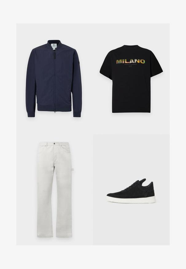 Casaco de bombardeiro azul-marinho com fecho éclair, punhos e bainha canelados, e dois bolsos laterais. Feito de material suave e leve.; T-shirt de algodão preta com um gráfico colorido "MILANO PARCO LAMBRO" na frente, com mangas curtas e decote redondo.; Calças cinza claro com um corte reto, feitas de tecido de algodão suave, apresentando bolsos frontais e um bolso lateral tipo cargo.; Sapatilha de camurça preta com sola de borracha branca, apresentando costuras tonais e um design com atacadores. Textura suave com uma forma moderna e simplificada.