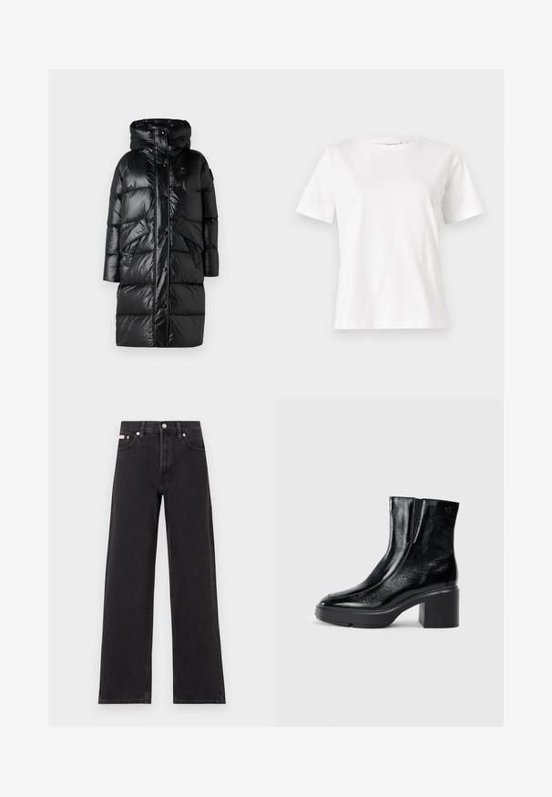 Blauer LENA - Pūkinis paltas - nero; Balta medvilninė marškinėliai trumpomis rankovėmis, su apvalia iškirpte ir laisvu siluetu. Lygi tekstūra, be raštų ar akcentų, minimalistinis dizainas.; Juodos plačios kojų džinsai, pagaminti iš džinsinio audinio, su aukštu liemeniu, penkių kišenių stiliumi ir metaline sagte su kontrastingo siuvimo detalėmis.; Juodi lakiniai auliniai batai iki kulkšnies, su išlenktu pirštu, elastinėmis šoninėmis panelėmis ir masyviu blokuotu kulnu. Apdailoje užpakalinėje dalyje įspaustas logotipas.