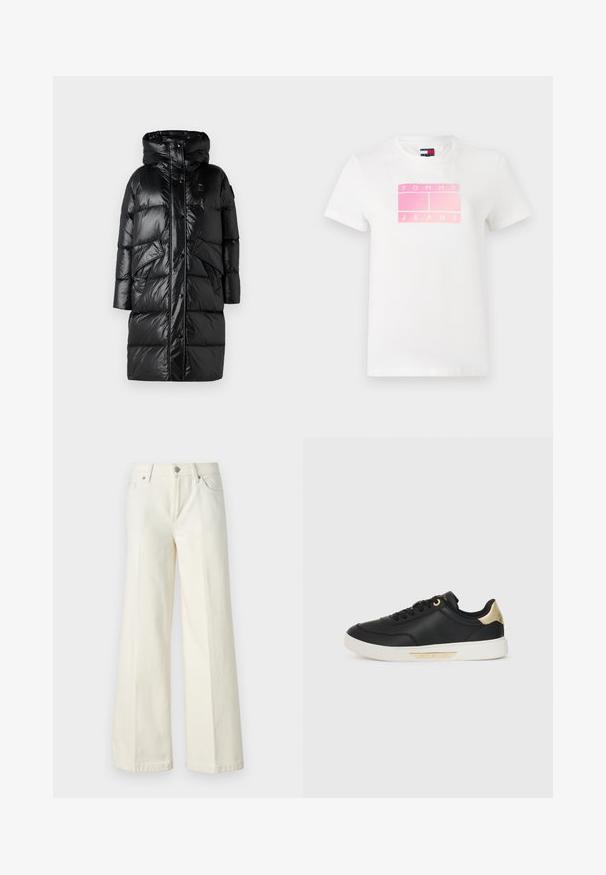 Blauer LENA - Dunfrakker - nero; Hvid bomulds T-shirt med en gradient pink grafik med "TOMMY" ovenfor og "JEANS" nedenfor, indrammet i et rektangulært design. Korte ærmer.; Videbenede hvide jeans lavet af en blanding af bomuldsstof. Har en lynlås i fronten, fem lommer og syninger langs sømmene.; Sort lædersneaker med en glat overflade, hvid gummisål, guldaccenter på hælen og øjet, med et logo på siden.