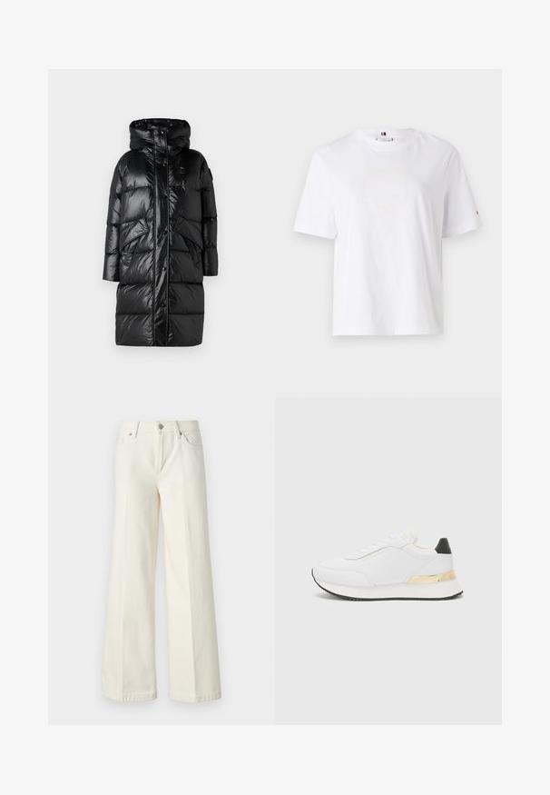 Blauer LENA - Dūnu mētelis - nero; Balts kokvilnas T-krekls ar apaļu kaklu, īsām piedurknēm un smalku dzeltenu logo dizainu, kas lasa "HILFIGER NEW YORK 1985". Standarta izgriezums.; Platās kāju baltās džinsas, izgatavotas no kokvilnas maisījuma auduma. Tām ir rāvējslēdzēja josta, piecu kabatu dizains un šuvju izšuvumi gar šuvēm.; Baltas sporta apavs ar gludu virsmu, ar melnu papēža akcentu un zeltītu metāla detaļu uz vidus zoles. Saista dizains, gumijas zole.