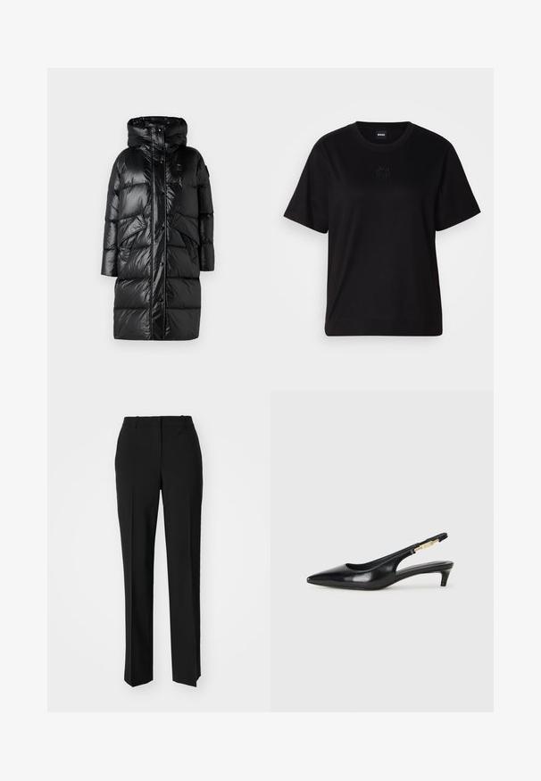 Blauer LENA - Dūnu mētelis - nero; Melna kokvilnas T-krekls ar apaļu izgriezumu, īsām piedurknēm un izšūtu logotipu uz krūtīm. Vienkāršs, brīvs piegriezums bez rakstiem.; Melnas pielāgotas bikses ar taisnu kāju dizainu, kas raksturojas ar gludu faktūru un asiem krokām pa priekšu. Nav redzamu metāla detaļu.; Melnas ādas slingback zābaki ar smailu purngalu, ar šauru papēdi un zelta krāsas akcentu uz regulējama siksniņas. Gluda tekstūra.