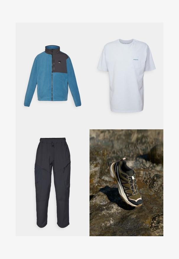 Giacca in pile blu con dettagli neri. Presenta un colletto alto, zip frontale e una tasca in alto a sinistra con logo. Texture morbida.; T-shirt bianco in cotone con maniche corte, scollo rotondo e tasca sul petto sinistro con il logo "Patagonia" blu. Vestibilità classica con una texture liscia.; Pantaloni cargo neri realizzati in un materiale leggero e resistente all'acqua; presentano una vita elastica, diverse tasche con zip e gambe affusolate.; Scarpe da escursionismo in verde oliva e nero con dettagli rosa. Presentano una parte superiore testurizzata, suola flessibile, puntale rinforzato e un vivace sistema di allacciatura.