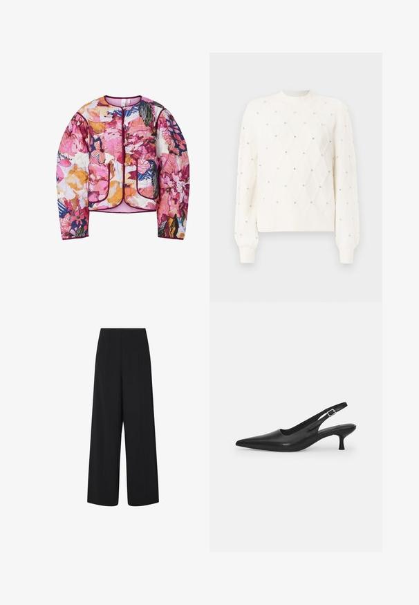 Kvalificirana bomber jakna z večbarvnim cvetličnim vzorcem v rožnati, oranžni in modri barvi, z rebrastimi manšetami in dvema sprednjima žepoma.; Bela pletena jopica z diamantom vzorcem, okrašena z majhnimi kristalčki. Ima rebrast krožni ovratnik in dolge rokave.; Črne široke hlače 7/8 dolžine z visokim pasom in stranskimi žepi, ki imajo subtilne vertikalne šive.; Črne usnjene sandale z odprtim peto in konično oblikovanim prstom ter ozkim, ukrivljenim petnim delom. Imajo diskretno nastavljivo zaponko z kovinsko sponko.