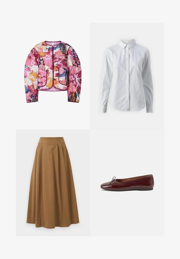 Kvalificirana bomber jakna z večbarvnim cvetličnim vzorcem v rožnati, oranžni in modri barvi, z rebrastimi manšetami in dvema sprednjima žepoma.; Bela srajca z gumbki, narejena iz gladkega bombaža, s klasičnim ovratnikom, dolgimi rokavi in ukrivljenim robom. Gumbi so majhni in beli.; Rjava bombažna A-linijska krila z visokim pasom, ki vključuje naborke spredaj in gladko teksturo. Robovi so čisti in preprosti.; Burgundska patenti usnjeni baletni čevlji z zaobljenim prstom, majhnim lokom na sprednji strani in nizkim črnim gumijastim podplatom. Gladka tekstura.