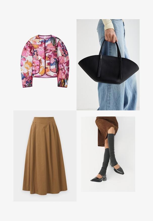 Tinklinis bomber tipo švarkas su daugiakryptėmis gėlių raštais, kuriuose dominuoja rožinė, oranžinė ir mėlyna spalvos, su tonuotais rankogaliais ir dviem priekiniais kišenėmis.; Balta marškinėliai su mygtukais, pagaminti iš lygios medvilnės, su klasikiniais apykaklės, ilgomis rankovėmis ir lenktu kraštu. Mygtukai maži ir balti.; Ruda medvilninė A formos sijonas su aukštu liemeniu, puikuojantis klostėmis priekyje ir lygia tekstūra. Apdailos kraštai yra švarūs ir paprasti.; Juodi lakuoti odiniai batai su aštriu kuma ir bloko kulnu, derinami su pilkais riebiais kojų šildytuvais ir rudais zomšiniais sijonais.; Juodas odinis rankinis uždangalas unikaliu ventiliatoriaus formos dizainu, turintis plokščias rankenas. Paviršius turi akmeninė tekstūrą ir minimalistišką dizainą.