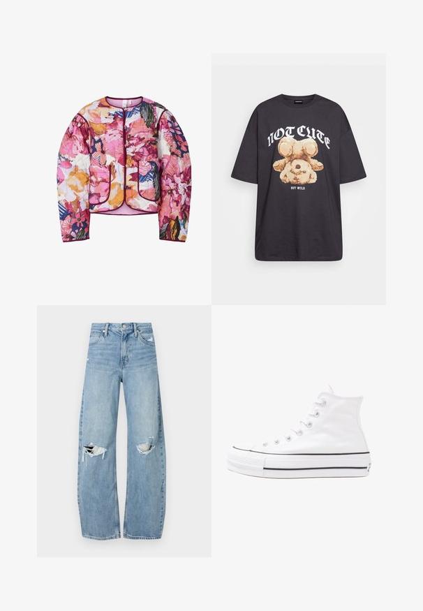 Kudumine bomber-jope, millel on mitmevärviline lillemuster roosa, oranži ja sinise värviga, ribakäised ja kaks esist pocketit.; Musthave musta t-särk, millel on karu graafika ja tekst "EI NII NÄDALA, KUID MÄRG" paksult valgete tähtedega. Puuvillane materjal.; Heledad hallideega sinised teksad, millel on kõrge talje. Teksade jalgadel on lai alus, kaks rebitud kohta põlvede ümber ning klassikaline viie tasku stiil.; Valge kõrgem kangast tenniseking, millel on must kummist tald, ees kummist varvasetugi ja kuus aukku paelte jaoks, pakkudes puhta ja minimalistliku disaini.
