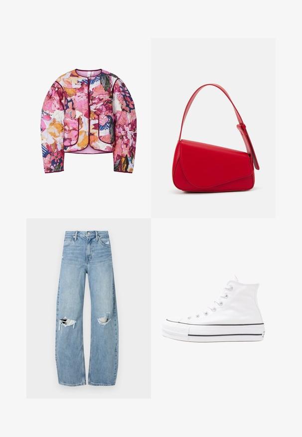 Kvalificirana bomber jakna z večbarvnim cvetličnim vzorcem v rožnati, oranžni in modri barvi, z rebrastimi manšetami in dvema sprednjima žepoma.; Črna oversized majica s kratkimi rokavi, na kateri je grafika medveda z besedilom „NI SRČKAN VKLJUČNO Z DIVJIM“ v poudarjenem belem tisku. Material: bombaž.; Svijetloplave traperice visoki struk. Imaju široke nogavice, dva poderana područja na koljenima i klasičan petotoksi stil.; Beli visoki platneni športni čevelj z črnim gumijastim podplatom, sprednjim gumijastim zaščitnikom za prste in šestimi luknjicami za vezalke, ki se ponaša s preprostim, minimalističnim dizajnom.; Rdeča usnjena torba z angularnim, geometrijskim dizajnom. Ima en samostoječ nastavljiv ročaj in pokrov, zaprt z zapiranjem, ki je okrašen s šivi.