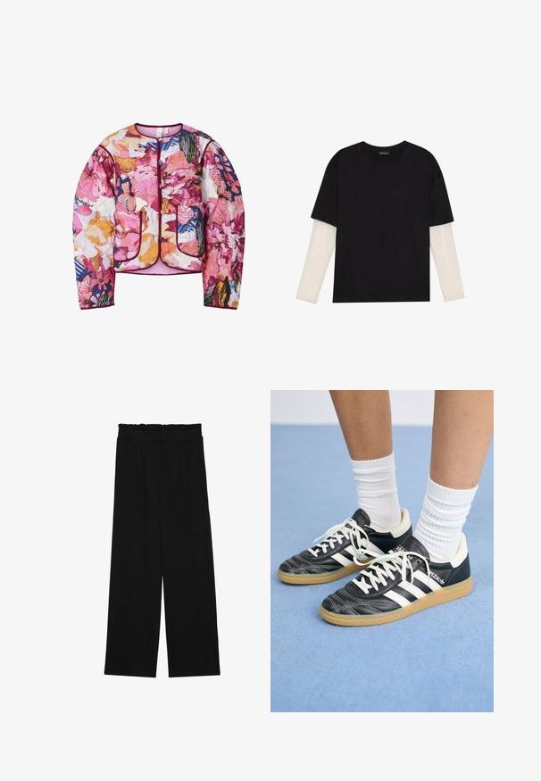 Tinklinis bomber tipo švarkas su daugiakryptėmis gėlių raštais, kuriuose dominuoja rožinė, oranžinė ir mėlyna spalvos, su tonuotais rankogaliais ir dviem priekiniais kišenėmis.; Juodas medvilninis marškinėliai su trumpomis rankovėmis, virš baltos ilgo rankovio sluoksnio, turinčio subtilų tekstūrinį raštą. Apvalus iškirpimas.; Juodi platūs kelnes su volaniniu juosmeniu, turinčiu dvi šonines kišenes ir glotnią, lengvą medžiagą. Nėra matomų raštų ar detalių.; Juodos odinės sportbačiai su baltais dryžiais, apvalia nosimi, baltais raišteliais ir guminiu padu. Pabrėžti paminkštinta apykakle ir prekių ženklų detalėmis.