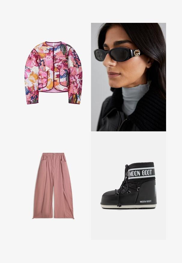 Kvalificirana bomber jakna z večbarvnim cvetličnim vzorcem v rožnati, oranžni in modri barvi, z rebrastimi manšetami in dvema sprednjima žepoma.; Bela dolga majica s turtleneck ovratom, izdelana iz gladkega, elastičnega materiala. Ima oprijet kroj in visok ovratnik. Brez vidnih vzorcev ali dodatkov.; Ohlapne hlače z visokim pasom v mehkem rožnato-rdečem blagu. Imajo elastičen pas, dve stranski žep in gladko, teksturirano površino.; Črne Moon Boot z oblazinjenim zgornjim delom, pritrjenim z vezalkami in značilnim belim trakom, ki nosi logotip. Debel, strukturiran gumijast podplat.; Črne sončne očala z elegantnim pravokotnim okvirjem in zlatim logotipom na strani. Temna stekla in sijajna površina sta izrazita.