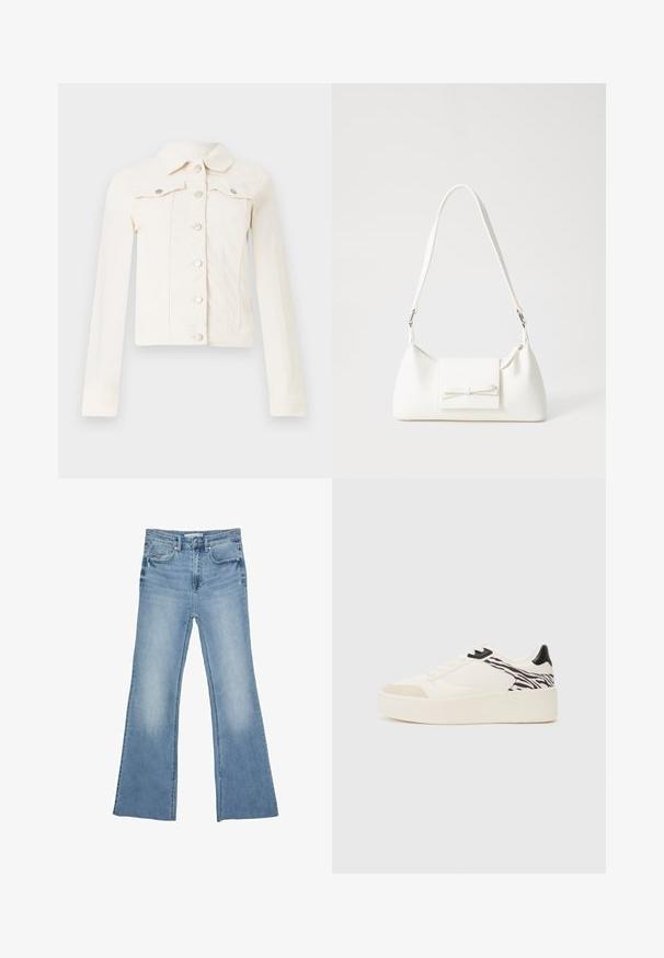 Valkoinen denimtakki, jossa on klassinen kaulus, pitkät hihat, etuvetoketju ja kaksi rintataskua hopeisiin yksityiskohtiin.; Valkoinen lyhythihainen t-paita, joka on valmistettu puuvillasta ja jossa on koristeellinen pitsireunus hihojen ympärillä sekä pyöreä pääntie.; Vaaleansiniset liehitaskuhousut, jotka on valmistettu denimistä. Niissä on klassinen viiden taskun muotoilu sekä vetoketjukiinnitys napilla.; Even&Odd Matalavartiset tennarit - white/black; Valkoinen synteettinen käsilaukku, jossa on kolmikulmainen muoto, tasainen etu läppä ja nauhadetail, säädettävä olkahihna, sileä rakenne ja minimalinen muotoilu.