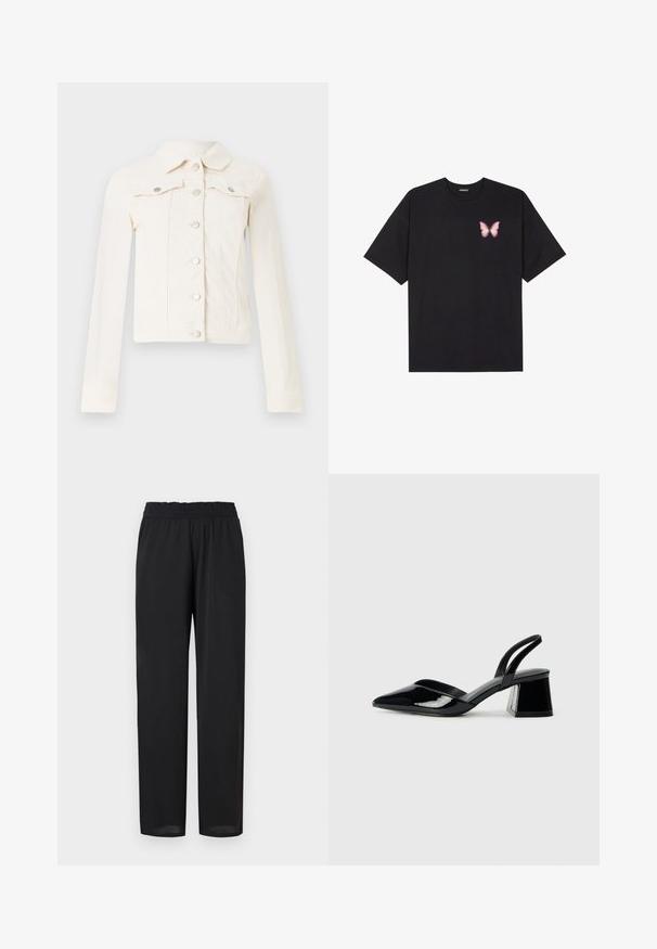 Bijela traper jakna s klasičnim ovratnikom, dugim rukavima, prednjim zatvaranjem na gumbe i dva džepa na prsima s srebrnim detaljima.; Crna pamučna majica s kratkim rukavima, s malim grafičkim prikazom ružičaste vjetricaste s desne strane na prsima. Dizajn s okruglim izrezom i opuštenim krojem.; Crne, lagane hlače s opuštenim krojem, koje imaju elastičnu stražnju traku i glatku teksturu. Ravne nogavice se blago sužavaju na rubu.; Crne lakirane kožne sandale s otvorenom petom i špicastim vrhom, s geometrijskom blok petom. Imaju elegantan, minimalistički dizajn i glatku teksturu.
