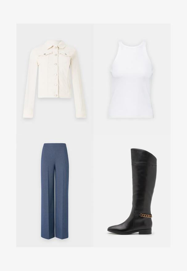 Hvid denimjakke med klassisk krave, lange ærmer, frontlukning med knapper og to brystlommer med sølvfarvede hardware-detaljer.; Hvid ærmeløs tanktop lavet af ribbet stof, med en rund halsudskæring og en tætsiddende silhuet, med minimale sømme og ingen pynt.; Bredde bukser i tekstureret blåt stof med en glat talje og skarpe plisseringer foran, der fremhæver et skræddersyet design.; Høje sorte læderstøvler med et slankt design, spids tå og en guld kædeaccent ved anklen. Lav blokhæl. Glat overflade.