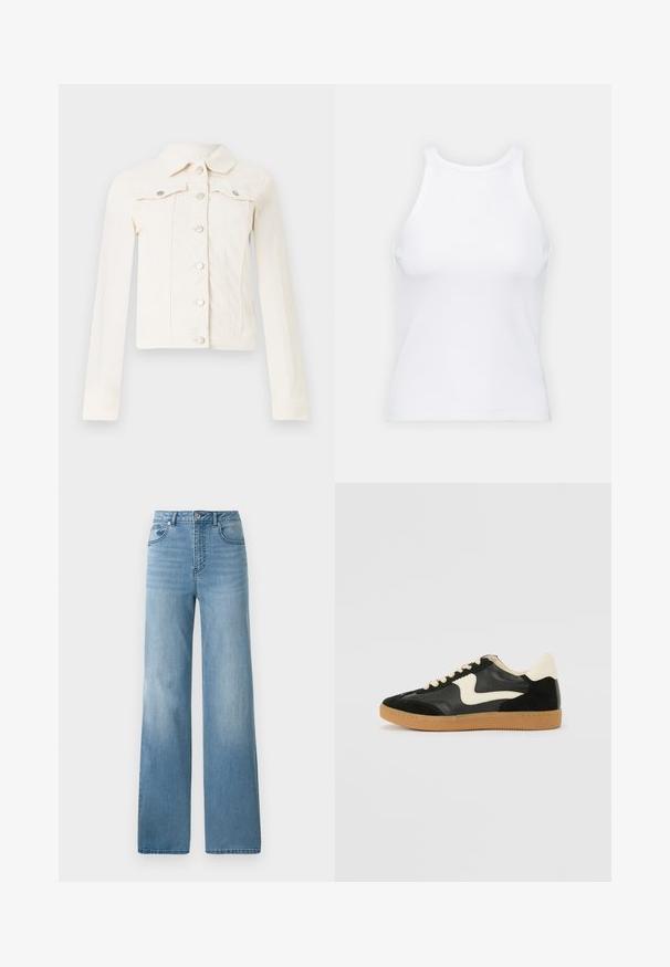 Weiße Denimjacke mit klassischem Kragen, langen Ärmeln, vorderem Knopfverschluss und zwei Brusttaschen mit silberfarbenen Hardwareakzenten.; Weißes ärmelloses Tanktop aus geripptem Stoff, mit rundem Ausschnitt und figurbetonter Silhouette, minimalen Nähten und ohne Verzierungen.; Helleblaue hochtaillierte Jeans mit geradem Bein. Aus Denim gefertigt, mit fünf Taschen und einem Knopfverschluss.; Schwarze Wildleder- und Leder-Sneaker mit einem cremefarbenen Seiten-Swoosh und einer hellcremefarbenen Ferse. Ausgestattet mit beige Schnürsenkeln und einer Gummilaufsohle.