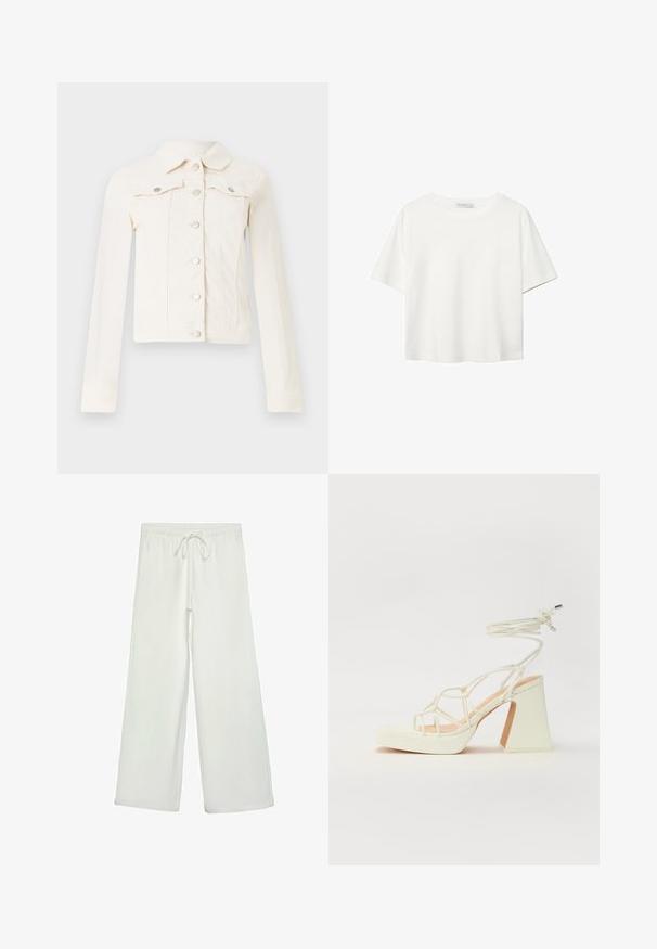 Hvid denimjakke med klassisk krave, lange ærmer, frontlukning med knapper og to brystlommer med sølvfarvede hardware-detaljer.; Hvid kortærmet t-shirt lavet af bomuld. Har en rund halsudskæring og en afslappet pasform. Glat tekstur uden synlige mønstre eller detaljer.; Hvide bukser med bred ejer lavet af blødt stof. Har en elastisk talje med snor og en glat tekstur. Ingen synlige mønstre eller hardware.; Hvide højhælede sandaler med en kraftig hæl, der har et stropdesign og ankelbinding. Glat tekstur med en platform foran for ekstra højde.