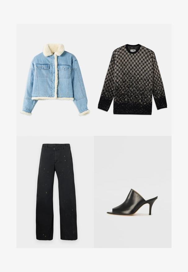 Világoskék farmerdzseki, fehér sherpa béléssel a galléron, az ujjakon, az elején és az alján, gombos záródással és mellső zsebekkel.; Kötött pulóver bézs és fekete gyémántmintával, fokozatos színátmenettel. Kerek nyakkivágás és hosszú ujjú. Puha tapintású.; MM6 Maison Margiela PANTS - Laza szabású farmerek - black; Fekete bőr, nyitott orrú mules cipő, elegáns, ívelt kialakítással, magas stiletto sarokkal és sima textúrával. A belső tér világos színű, kontrasztos.