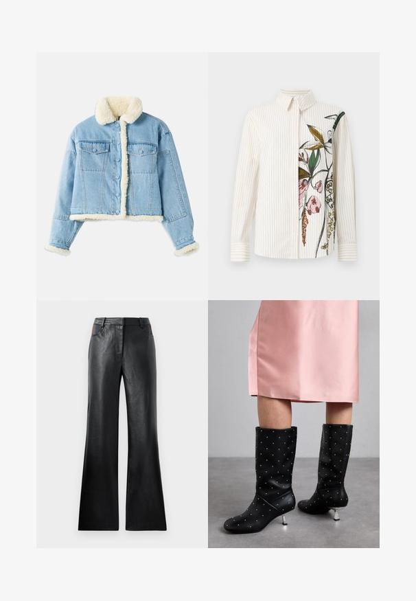 Világoskék farmerdzseki, fehér sherpa béléssel a galléron, az ujjakon, az elején és az alján, gombos záródással és mellső zsebekkel.; Felsőgombos ing, vertikális csíkokkal, krémszínű, virágmintával az egyik oldalon. Hosszú ujjú és klasszikus gallérral rendelkezik. Sima tapintású.; Fekete bőrnadrág, amely enyhén bővül a nadrág szárán, sima textúrával rendelkezik, és két elülső zsebe van, fekete és barna kiemelésekkel a deréknál.; Fekete, térdig érő csizmák sima anyagból, finom szegecses mintával és ezüstszínű sarokkal. Rózsaszín selyem ruhával párosítva.