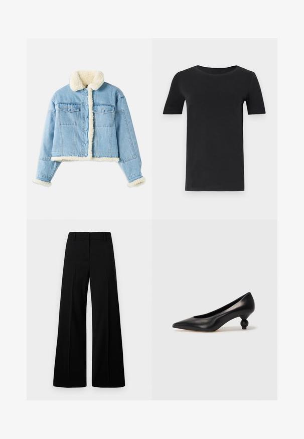 Light blue denim jacket with white sherpa lining on collar, cuffs, front, and hem, featuring button closure and chest flap pockets.; Black short-sleeve t-shirt made of soft cotton, with a round neckline and a classic fit. Smooth texture, no patterns or embellishments.; Black wide-leg trousers featuring a smooth texture, structured waistband, and front pleats. Minimalist design with no visible hardware.; Black leather high heel shoe with a pointed toe and a round, balled heel. Smooth texture with a sleek, minimal design.