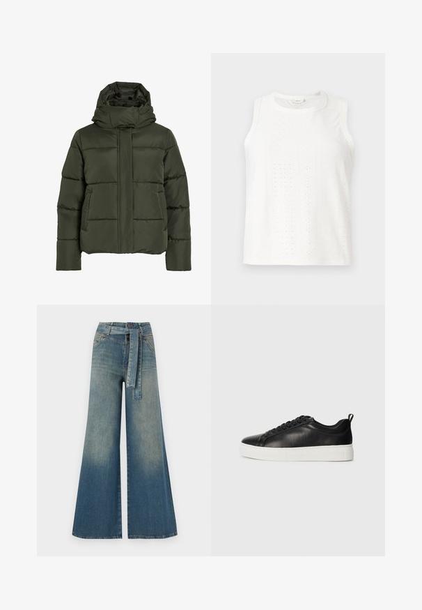 Puffadt, oliva zöld dzseki magas gallérral és kapucnival. Jellemzője a vízszintes varrás, oldalsó zsebek és elülső cipzáras záródás.; Fehér ujjatlan felső, szemcse mintákkal, kerek nyakkivágással és egyenes fazonnal. Könnyű anyagból készült, sima tapintással.; Bőszárú farmernadrág, világos és sötétkék árnyalatokkal, magas derekú, övgyűrűkkel és a nadrággal megegyező anyagú övvel. Textúrált farmer kivitel.; Fekete, alacsony szárú bőrsportcipő fekete fűzőkkel és vastag fehér gumitalppal, a külső oldalról, fehér háttér előtt.