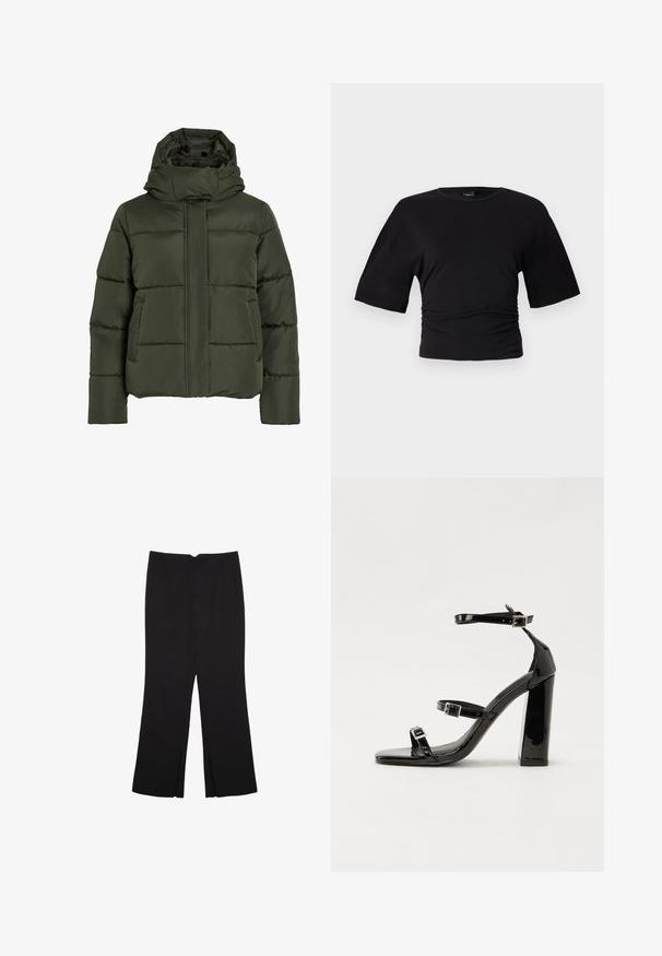 Pufová olivově zelená bunda s vysokým límcem a kapucí. Obsahuje horizontální prošívání, boční kapsy a přední zip.; Gina Tricot SOFT TOUCH RUCHED TEE - Jednoduché tričko - black; Černé kalhoty s rovným střihem, s předními kapsami a bočními rozparky na lemu. Vyrobené z jemné, hladké tkaniny. Vhodné na různé příležitosti.; Černé lakované sandály na podpatku se čtveratou špičkou, lýtkovými pásky a stříbrnými přezkami. Disponují masivním blokovým podpatkem pro stabilitu.