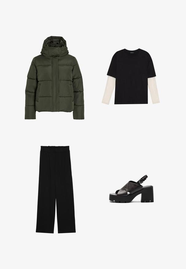 Casaco almofadado verde-azeitona com gola alta e capuz. Apresenta costuras horizontais, bolsos laterais e fecho de correr frontal.; T-shirt preta de algodão, com mangas curtas sobre uma camada de mangas longas branca com um padrão texturizado subtil. Design de decote redondo.; Calças largas pretas com um cinto franzido, apresentando dois bolsos laterais e um tecido suave e leve. Sem padrões ou ferragens visíveis.; Sandálias de salto alto em couro preto com plataforma robusta, design de tiras cruzadas, fivela ajustável e sola texturizada.
