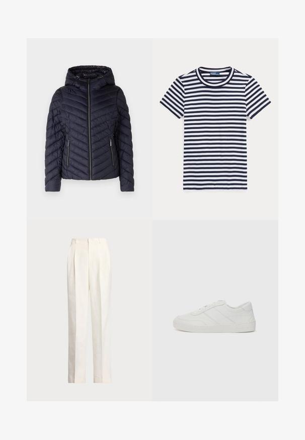 MICHAEL Michael Kors REVERSIBLE LOGO PACKABLE - Light jacket - admiral; Striped t-shirt in navy blue and white, short sleeves, round neckline, cotton material, features evenly spaced horizontal stripes.; Polo Ralph Lauren HEMP WIDE LEG PANT - Trousers - nevis; White leather sneaker with flat laces, rounded toe, and subtle stitching details. Features a textured sole and embossed brand logo on heel.