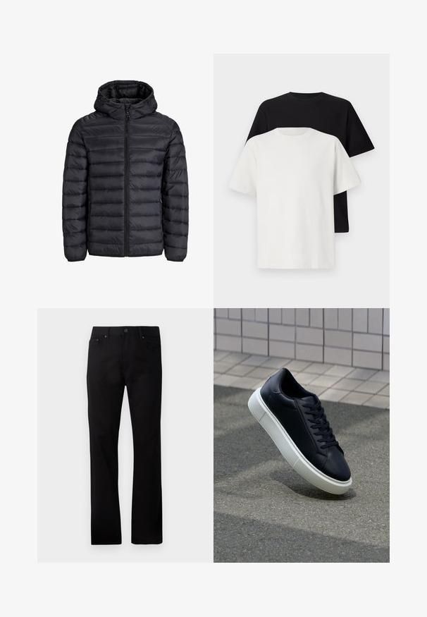 Casaco puffer preto com capuz, apresentando um design acolchoado, fecho com zíper frontal e punhos elásticos. Feito de um material leve e resistente à água.; Conjunto de t-shirts em algodão, com uma preta e uma branca, ambas com mangas curtas, decote redondo e corte standard. Tecido texturizado.; Jeans pretos de perna reta feitos de denim, com fecho frontal de botão, duas bolsos laterais e uma textura suave.; Sapatilha de couro preto com bico arredondado e sola de borracha branca. Apresenta atacadores planos e costuras mínimas na parte superior. Sola texturizada para melhor aderência.