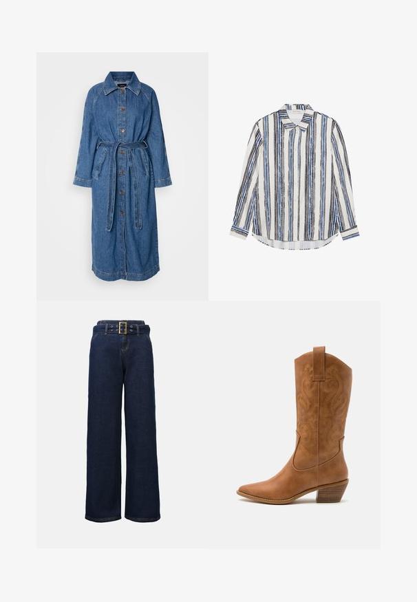 Lange denimfrakke, lyseblå, knaplukning fortil, belted talje, lange raglanærmer, to forlommer, med kontrasterende syninger.; Button-up skjorte med lodrette striber i nuancer af blå, sort og hvid. Fremstillet af glat stof med klassisk krave og knaplukning.; Mørkeblå, vide denimbukser med stiklommer og et matchende bælte med en stor rektangulær guldspænde.; Tan læder cowboystøvle med spids tå, broderede svirvelmønstre på skaftet og en stablet blokhæl. Har en træksløjfe for nem af/på.