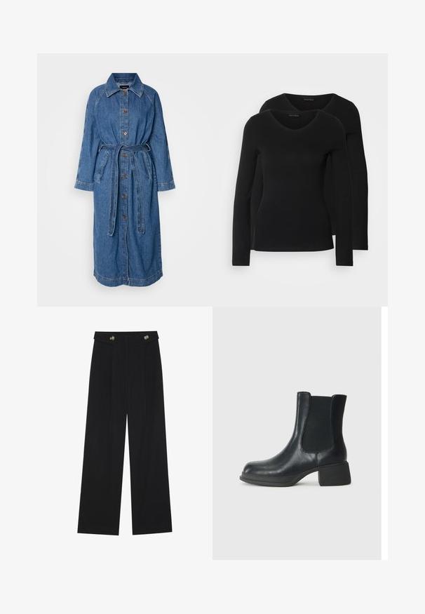 Jeans lång kappa, ljusblå, knappframslutning, bältad midja, långa raglansärmar, två framfickor, med kontrasterande sömnadsdetaljer.; Två svarta långärmade tröjor med V-ringning, tillverkade av mjukt, stretchy tyg, som visar en slät textur och en figursydd form.; Svarta vida byxor med hög midja, knäppdetaljer i midjan och framfickor.; Svart läderankelboots med elastiska sidopaneler, rund tå och låg blockklack. Ytan har en slät textur och minimal detaljer.