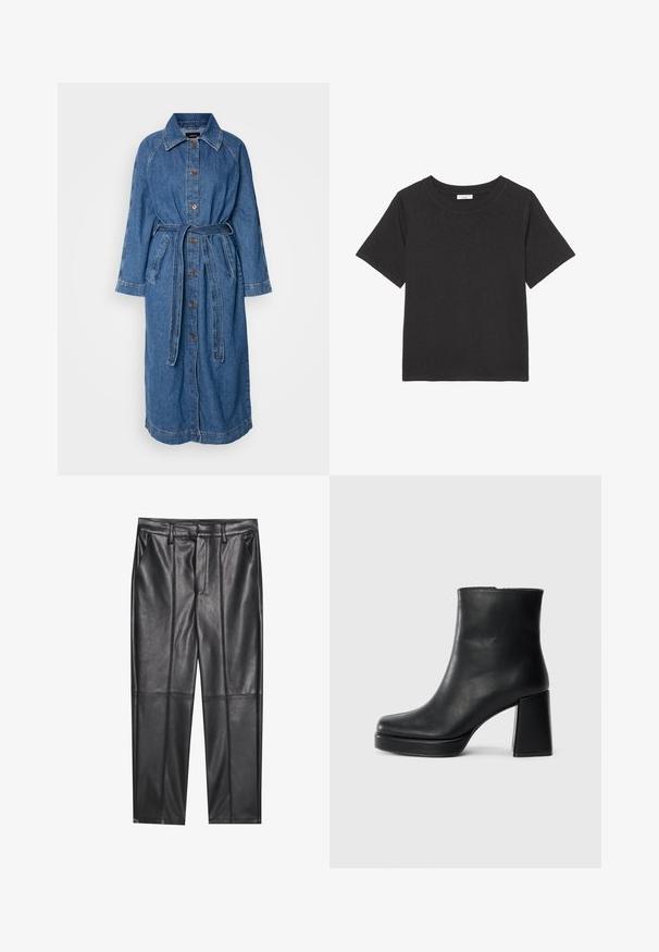 Denim dug ulaznog kaputa, svijetlo plave boje, s prednjim kopčanjem na gumbe, pojasom u struku, dugim raglan rukavima, dva prednja džepa, s kontrastnim šavovima.; Crna majica izrađena od mekog materijala, s okruglim izrezom i kratkim rukavima. Dizajn je jednostavan bez vidljivih uzoraka ili akcenata.; Crne kožne hlače s glatkom teksturom, ravnog kroja, s dva prednja džepa i vidljivim šavovima.; Crna kožna čizma do gležnja s blok petom i platformom, prikazana s bočne strane na jednostavnoj bijeloj pozadini.