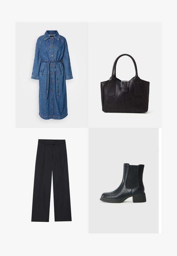 Lange denimfrakke, lyseblå, knaplukning fortil, belted talje, lange raglanærmer, to forlommer, med kontrasterende syninger.; Sort langærmet top med flagrende manchetter, blød tekstur og en afslappet pasform, samt en enkel rund halsudskæring.; Sort brede bukser med en glat tekstur, der har to frontfolder, en talje og ingen synlig hardware eller lommer.; Sort læder ankelstøvle med elastiske sidepaneler, rund tå og en lav blokhæl. Overfladen har en glat struktur og minimal detaljer.; Sort læder tote taske med glat tekstur, struktureret form, to håndtag og en fremtrædende sølvspænde detalje på forsiden.