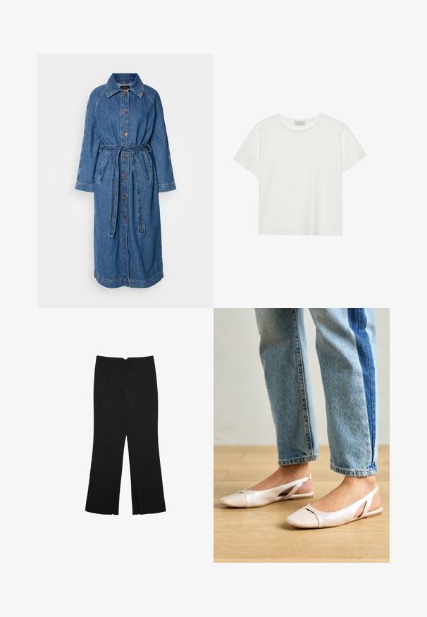Denim dolg plašč, svetlo modre barve, s sprednjim zapiranjem na gumbe, pasom, dolgimi raglan rokavi, dvema sprednjima žepoma, s kontrastnimi šivi.; Bela kratkotrajna majica s kratkimi rokavi, narejena iz mehke bombažne tkanine. Ima okroglo ovratnico in sproščen kroj. Čist dizajn brez vidnih vzorcev ali akcentov.; Črne hlače ravnega kroja z naglavnimi žepi in stranskimi razporki na robu. Narejene iz mehke, gladke tkanine. Primerne za različne priložnosti.; Svijetloružičaste slingback balerinke s šiljastim nožnim prstima, napravljene od glatkog materijala nalik koži. Imaju izrezane detalje sa strane i ravne pete.