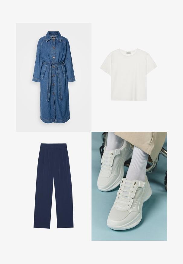 Palton lung din denim, bleu deschis, cu închidere prin nasturi, cu brâu la talie, mâneci lungi tip raglan, două buzunare frontale, cu accente de cusătură contrastante.; Tricou alb cu mânecă scurtă, made din bumbac moale. Are un guler rotund și o croială lejeră. Design curat, fără modele sau accente vizibile.; Pantaloni largi de culoare bleumarin, confecționați dintr-un material moale, cu pliseuri frontale, o textură netedă și o croială dreaptă, fără buzunare vizibile.; Adidași albi cu un material din plasă, talpă din cauciuc, design fără șireturi cu benzi elastice și accente aurii.