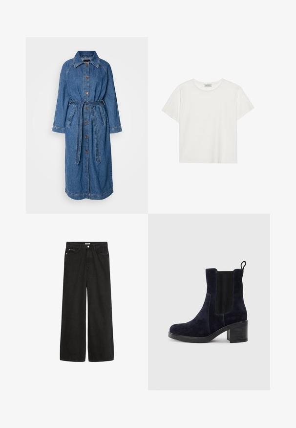 Palton lung din denim, bleu deschis, cu închidere prin nasturi, cu brâu la talie, mâneci lungi tip raglan, două buzunare frontale, cu accente de cusătură contrastante.; Tricou alb cu mânecă scurtă, made din bumbac moale. Are un guler rotund și o croială lejeră. Design curat, fără modele sau accente vizibile.; Jeans negri din denim cu pantaloni larghi și talie înaltă. Au cinci buzunare, accesorii metalice și un finisaj curat. Textura este netedă și moale.; Botine din suede de culoare bleumarin, cu panou elastic pe lateral, vârf rotunjit și toc pătrat. Materialul texturat și talpa netedă oferă un contrast.