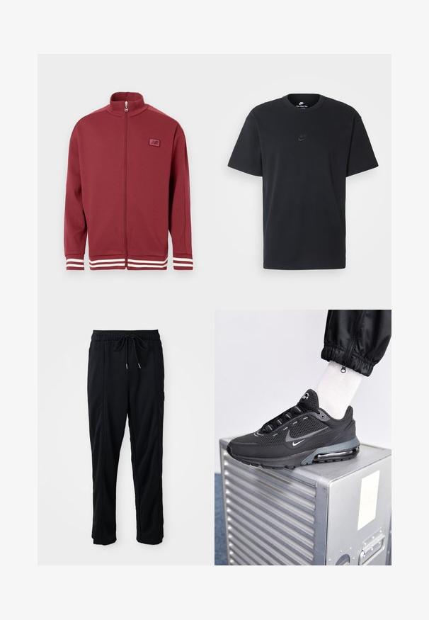 Red zip-up jacket with a stand collar, striped white accents on sleeves, soft material, and a small logo patch on the chest.; Nike black cotton t-shirt with a classic crew neck, short sleeves, and a subtle, embossed logo on the chest. Smooth texture.; Black drawstring waist casual pants with side seam pockets and straight leg cut on a plain background.; Nike Sportswear PULSE - Trainers - black/anthracite