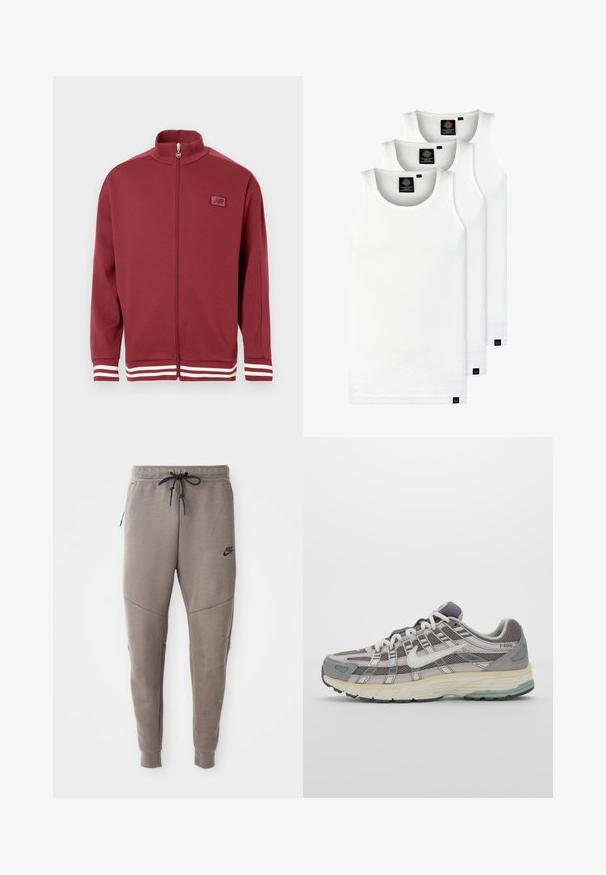 Jachetă roșie cu fermoar, cu guler înalt, accente albe în dungi pe mâneci, material moale și o mică etichetă logo pe piept.; Trei maieuri albe ribbate din bumbac. Au un guler rotund și etichete negre mici lângă tiv. Disponibile în mai multe mărimi.; Pantaloni de trening gri Nike cu un braț de strângere la talie, picioare conice, buzunare laterale și detalii de cusătură distincte. Material moale, texturat.; Pantofii sport gri sunt realizați dintr-un amestec de plasă și piele întoarsă, cu accente albe, o talpă bine îmbrăcată și un design distinctiv cu elemente reflectorizante.