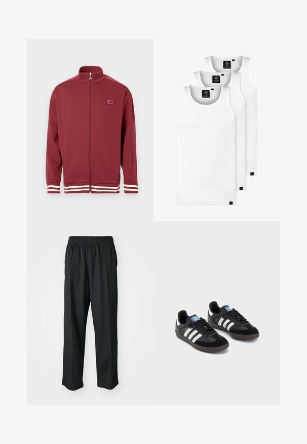 Červená bunda na zips s vysokým golierom, pruhované biele akcenty na rukávoch, mäkký materiál a malá nášivka s logom na hrudníku.; Tri biele rebrované tielka vyrobené z bavlny. Majú okrúhly výstrih a malé čierne štítky pri leme. Dostupné v rôznych veľkostiach.; Čierne športové nohavice s elastickým pásom, vyrobené z hladkého materiálu, s jemným bočným šitím a voľným strihom, rovný strih.; Čierne tenisky so zvrškom z semišu a syntetického materiálu, s tromi bielymi pruhmi, štruktúrovanou gumovou podrážkou a modrou logovou etiketou na jazyku.