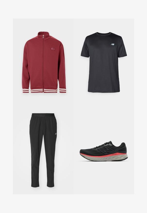 Rode ritsjack met een opstaande kraag, gestreepte witte accenten op de mouwen, zacht materiaal en een klein logopatch op de borst.; New Balance Sport T-shirt - black; Zwarte sportieve broek van lichtgewicht materiaal met een elastische tailleband, een taps toelopend ontwerp en een subtiele logodetail aan de zijkant.; Zwarte hardloopschoen met een bovenwerk van mesh, geaccentueerd door een roze tussenzoolstreep en een grijze outsole. Bevat textuurdetails en een flexibele zoolontwerp.