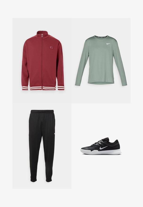 Raudonas džemperis su užtrauktuku, su stovinčiu apykakle, su baltais dryžuotais akcentais ant rankovių, minkšta medžiaga ir mažas logotipas ant krūtinės.; Ilgų rankovių sportinis marškinėliai, pagaminti iš matinės žalios medžiagos, su apvaliu iškirpimu ir baltu Nike logotipu kairėje krūtinės pusėje. Lygi tekstūra.; Juodi sportiniai kelnės, pagamintos iš lygaus audinio, turinčios elastinę juosmenį, siaurėjantys sijonai ir mažas baltas logotipas kairėje pusėje.; Juodos sportinės bateliai su tekstūruota viršutine dalimi, balta Nike swoosh ir balta gumine išorine dalimi. Yra su raištelių užsegimo dizainu ir dinamine forma.