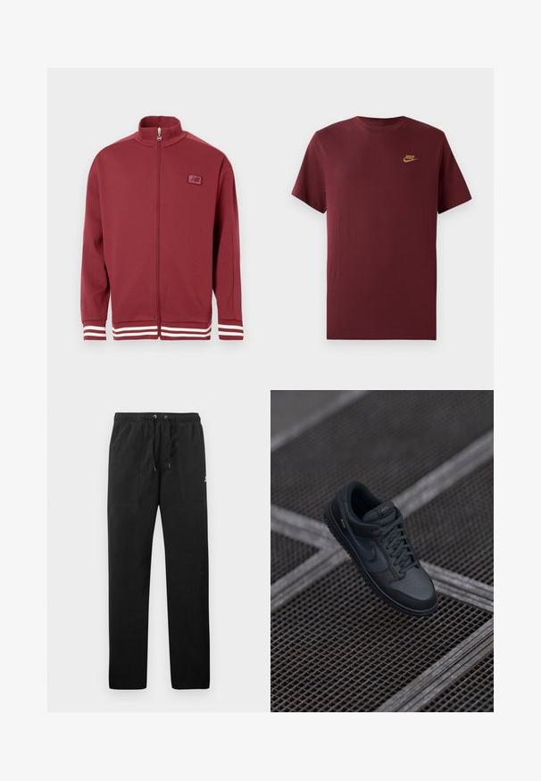 Casaco vermelho com fecho éclair e colarinho elevado, com riscas brancas nas mangas, material suave e um pequeno logo no peito.; T-shirt Nike de manga curta na cor bordo com o logótipo dourado da Nike no lado esquerdo do peito, design simples com decote redondo, apresentado sobre um fundo branco.; Calças de fato de treino pretas feitas de polar, com uma cintura elástica e cordões, dois bolsos frontais e um pequeno logótipo na coxa.; Sapatilha Nike em pele preta com biqueira arredondada, vampiro perfurado e sola de borracha texturizada. Inclui atacadores e uma marcação subtil.