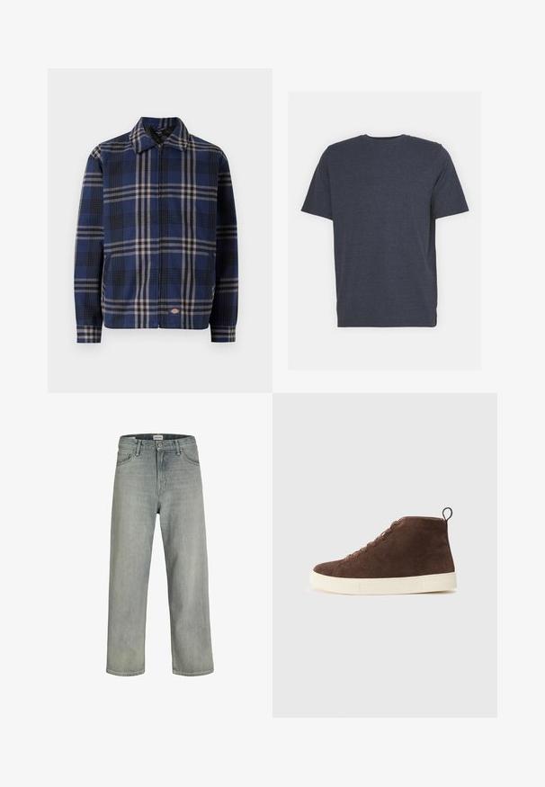 Rutet jakke i marineblå, svart og beige. Har krage, frontlås og elastiske mansjetter med en logo på nedre side.; Marineblå T-skjorte med rund hals laget av myk bomullsblanding, med korte ermer og vanlig passform. Ingen synlige mønstre eller accenter.; Lys grå, løstsittende jeans laget av denim. Har en klassisk fem-lomme-design, beltehemper og en rett ben-silhuett.; Brune semskede ankel sneakers med sål i hvid gummi, med en rund tå, snøredesign og en løkke bagpå.