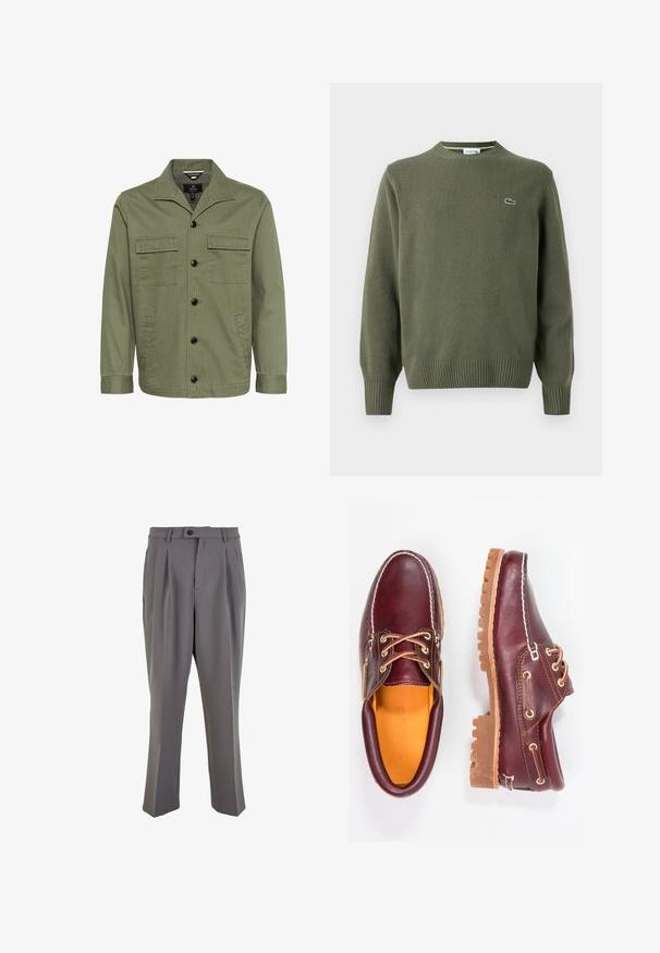 Olijfgroene jas van katoen met een kraag, twee borstzakken en een knoopsluiting aan de voorkant. De stof heeft een subtiele gestreepte textuur.; Olijfgroene gebreide trui met een ronde hals, geribde manchetten en zoom, met een klein geborduurd logo op de linkerborst.; Grijze geplooide broek van gladde stof, met een rechte snit, een enkele knoopsluiting en riemlussen. Minimalistisch ontwerp.; Bordeaux leren schoenen met bruine rubberen zolen, ronde neus, witte stiksels en gouden veterogen. Het interieur heeft een gele voering.