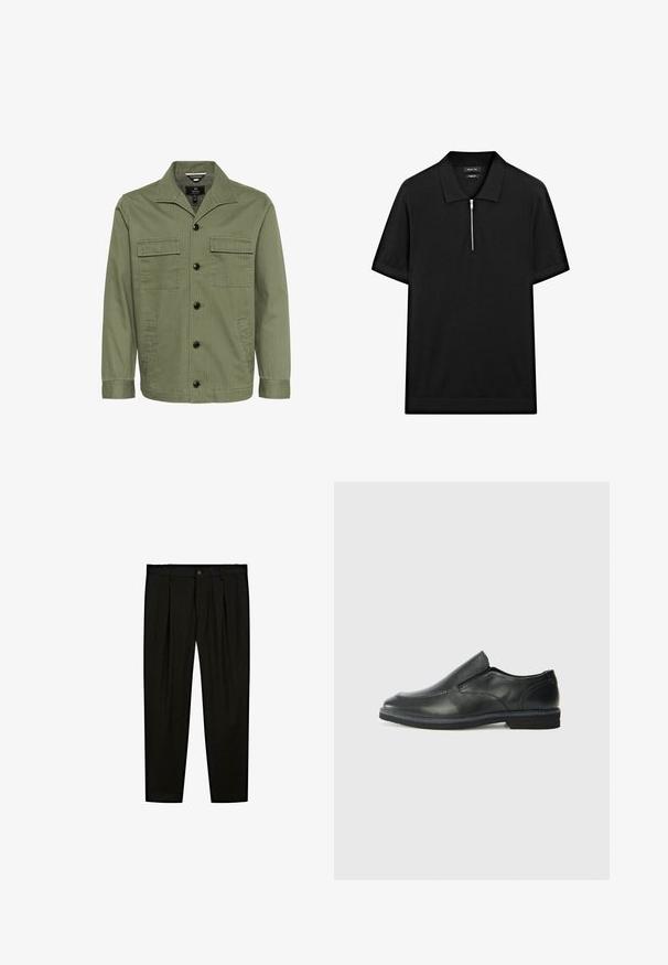 Olivgrüne Jacke aus Baumwolle mit Kragen, zwei Brusttaschen und vorderem Knopfverschluss. Der Stoff weist eine dezente gestreifte Struktur auf.; Schwarzes kurzärmliges Poloshirt mit Stehkragen und einem Reißverschluss vorne. Hergestellt aus einem glatten Stoff mit einem klaren, minimalistischen Design.; Schwarze maßgeschneiderte Hose aus glattem Stoff. Zu den Merkmalen gehören eine flache Vorderseite, weite Beine und ein Knopfverschluss am Taillenbund.; Schwarze Leder-Slipper mit glattem Obermaterial, gesteppten Akzenten, runder Zehenpartie und niedrigem Gummiabsatz. Die Sohle hat ein minimales Profil.