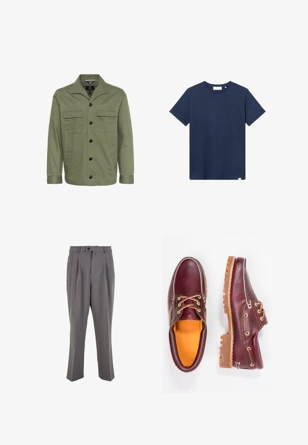 Olivgrüne Jacke aus Baumwolle mit Kragen, zwei Brusttaschen und vorderem Knopfverschluss. Der Stoff weist eine dezente gestreifte Struktur auf.; Navyblaue Baumwoll-T-Shirt mit rundem Halsausschnitt, kurzen Ärmeln und einem kleinen gestickten Logo auf der linken Brust. Glatte Textur.; Graue, plissierte Hose aus glattem Stoff, mit geradem Schnitt, einem Knopfverschluss und Gürtelschlaufen. Minimalistisches Design.; Bordeauxfarbene Lederschuhe mit braunen Gummisohlen, runder Zehenform, weißen Nähten und goldenen Ösen. Das Innenfutter weist eine gelbe Beschichtung auf.